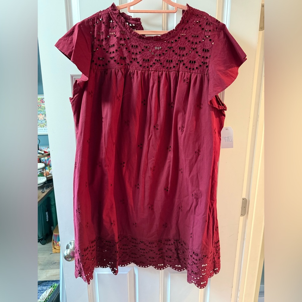 Time and Tru Burgundy Eyelet Midi Dress